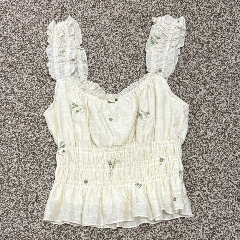 Kirious LA Floral Embroidered Cream Top Womens S